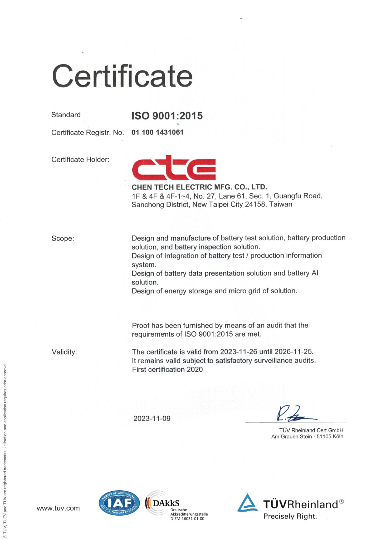 ISO9001_2015_英文| CTE - Battery Test Equipment Professional